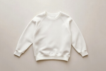 Mockup of a kids' white sweatshirt on a neutral background. High-quality blank template for branding, patterns, or custom designs. Ideal for showcasing apparel in a minimalist and stylish setting