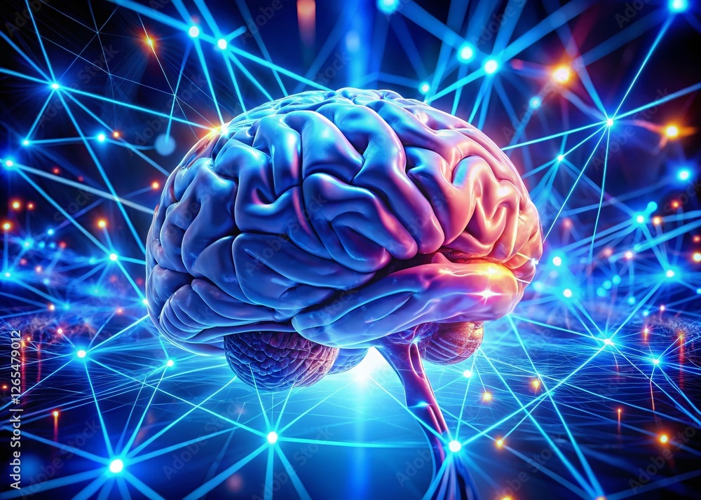 Poster 3d brain model illuminated with blue neon lights - abstract neural network concept
