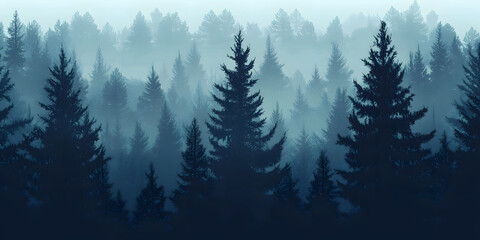 coniferous trees in the fog. coniferous forest in the mountains. illustration in cool colors. mysterious atmosphere