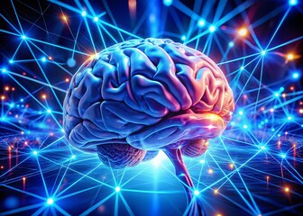 3D Brain Model Illuminated with Blue Neon Lights - Abstract Neural Network Concept