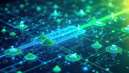 Obraz premium Cybersecurity network with glowing nodes and digital pathways.