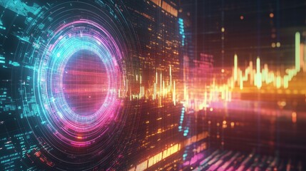 Dynamic Abstract Digital Visualization with Colorful Waves and Futuristic Elements Representing Data Analysis
