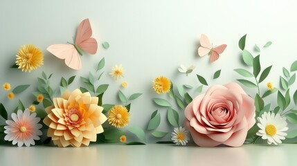 Beautiful Paper Flowers and Butterflies in Soft Pastel Colors for Floral Background Decoration