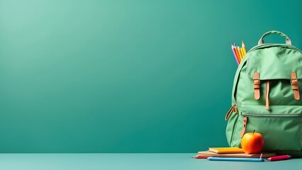 School Bag banner with empty space Without Text, green background, holiday banner poster background for advertisement ads