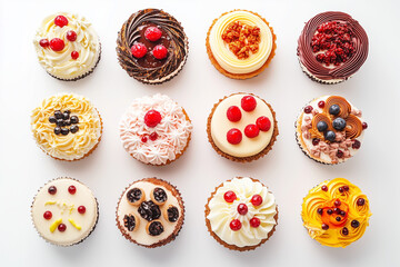 Top view varies of cake isolated on white background, Selective focus various fancy cup cake on white background.