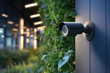 Modern Security Camera on a Building Exterior with Lush Greenery