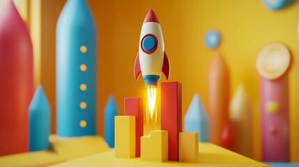 Toy Rocket Launching in Colorful Room, A toy rocket launching from red cylindrical platforms in a colorful room