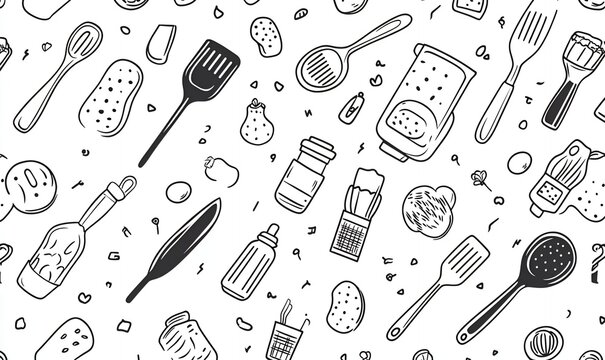 Hand Drawn Kitchen Utensils Seamless Pattern Spatulas Spoons and More Cooking Tools