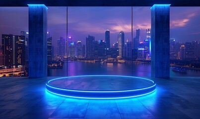 Fototapeta premium Futuristic Empty Platform with Cityscape View at Night