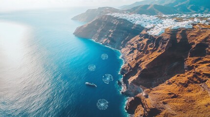 Aerial view of Santorini with seismic symbols, distant emergency vehicles during earthquake swarm, capturing tension and urgency.