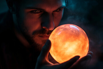 Naklejka premium Generative AI image of a mystical person holding a glowing magic ball for prediction and superpower depiction