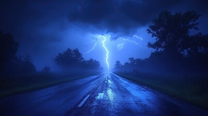 Fototapeta premium Lightning strikes rural road, night storm