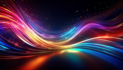 dynamic rainbow light streaks forming a wave pattern against a dark background, sparkling particles resembling stars