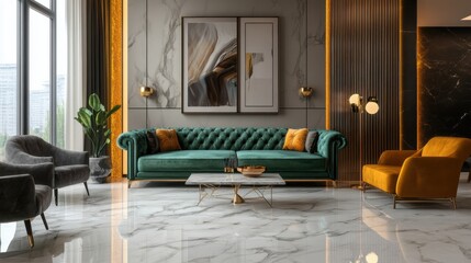 Elegant Modern Living Room with Stylish Furniture, Marble Floor, and Large Windows