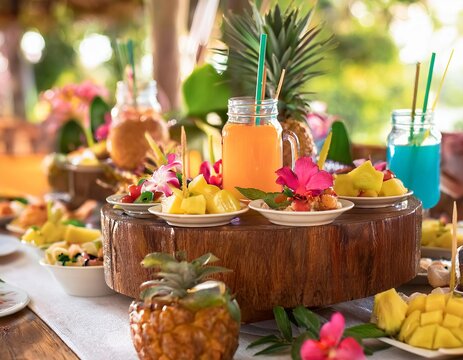 Colorful hawaiian themed birthday party with tropical fruit platter, exotic flowers, and fresh fruit juices