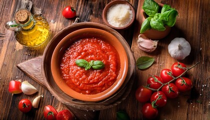 Fresh tomato sauce with basil, garlic and olive oil on rustic wooden table