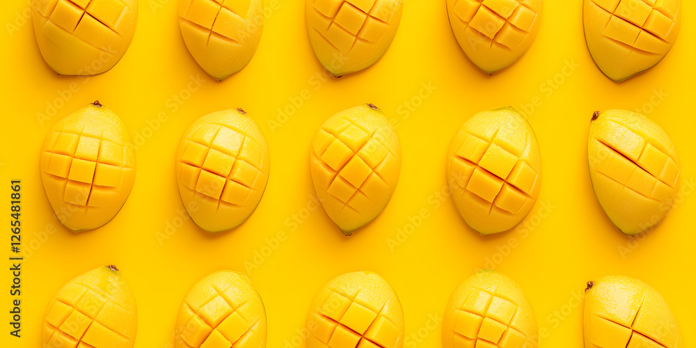 Poster a vibrant yellow backdrop showcases a rhythmic array of mango halves, scored and ready to enjoy, inv
