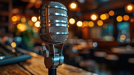 Vintage microphone on wooden bar in a restaurant