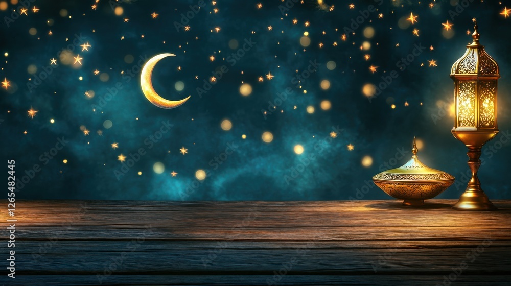 Wall mural ramadan background with ample copy space, lanterns and crescent moon, star bokeh lights, an old wood