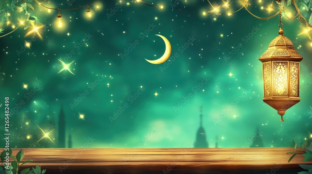 Wall mural ramadan background with ample copy space, lanterns and crescent moon, star bokeh lights, an old wood