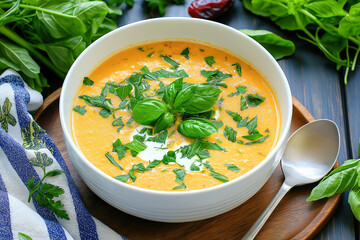Creamy carrot ginger soup with fresh basil and parsley in white bowl on wooden tray.