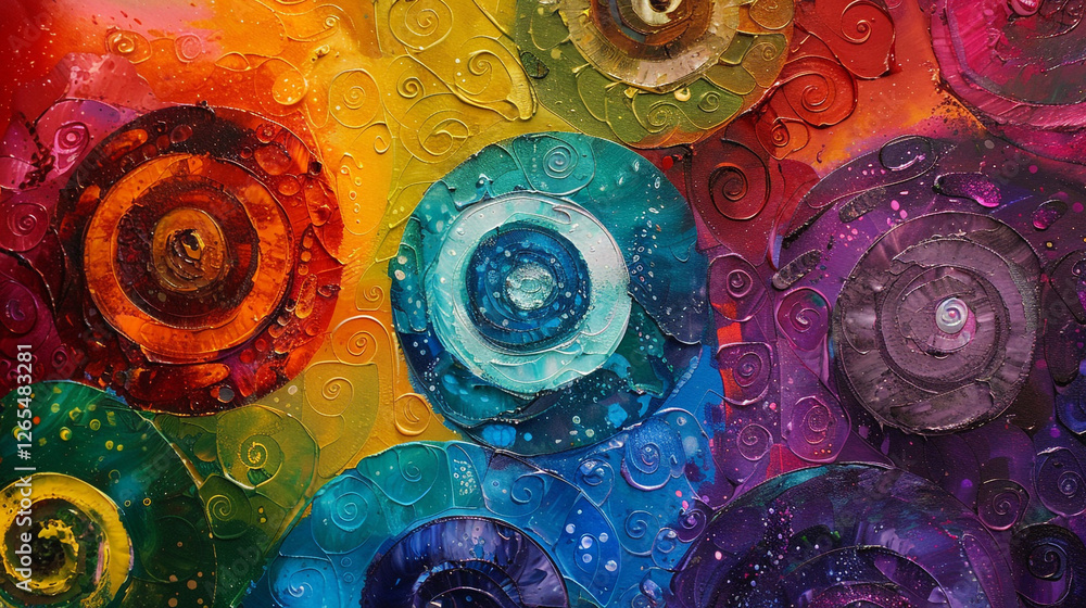 Poster a series of interconnected spirals, each painted with a different color, symbolizing the ongoing jou