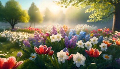Colorful spring flowers blooming in a sunny garden for may day