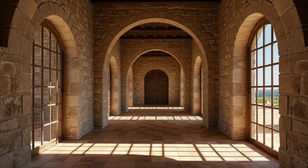 Fototapeta premium Stone Archway Hallway with Sunlight and Shadows Architectural Interior