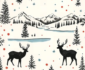 Winter Wonderland Reindeer Snowy Mountain Landscape Seamless Pattern Design