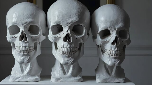Three white skulls on a display against a neutral background in a museum setting