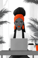 Stylish Woman in Vibrant Headwrap Working on Laptop at Home Office