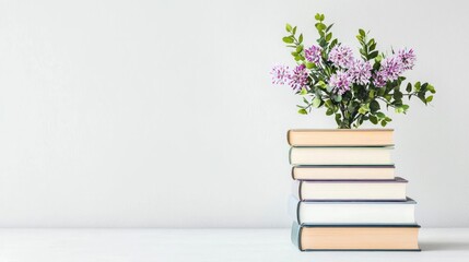 Stack Of Books With Purple Flowers On White Table