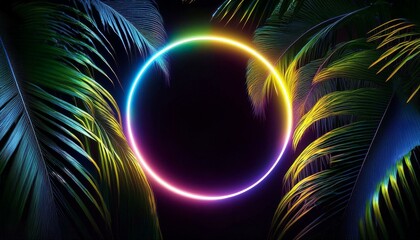 Obraz premium Neon glowing circle ring in palm leaves, tropical dark background. Blue purple yellow green color. Glowing linear volumetric neon round circle. 3d render.