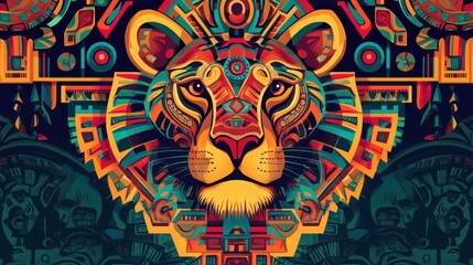 Fototapeta premium Colorful geometric lion, Aztec art, dark background, textile design