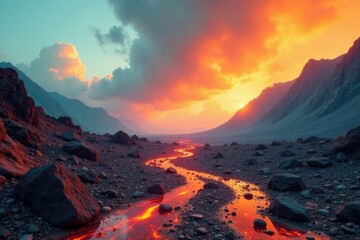 Fototapeta premium A desolate landscape stretches out in every direction with ash and rock scattered everywhere, destroyed, rubble, desolate