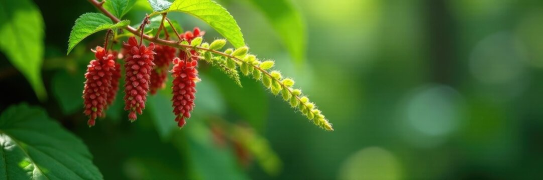 Acalypha hispida Burm flowering in leaf axils hanging down, green leaves, red