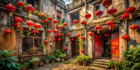 Obraz premium Abandoned Building, Chinese New Year Lanterns, Urban Exploration, Festive Decay, 2021