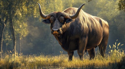 Majestic African buffalo in a golden savanna sunrise