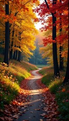 Fototapeta premium A winding path leads through a tapestry of fall colors, winding path, nature scene