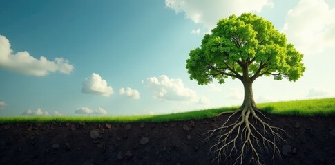 Obraz premium A tree's roots stretch outward from the earth's surface, trees, organic
