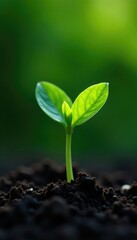 Fototapeta premium Bright green sprout poking out of dark earthy ground, green, sprout, leaf