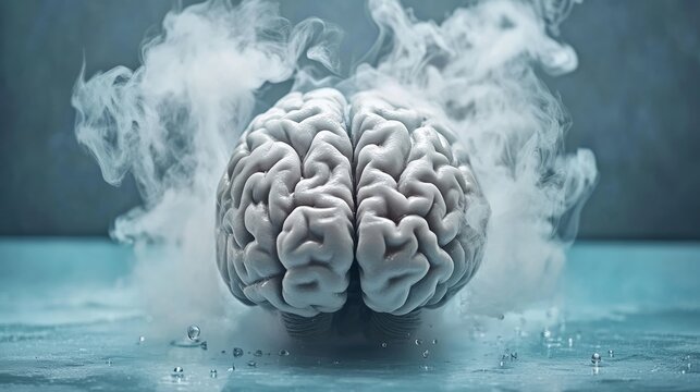 Cracked brain model with smoke and droplets, illustrating substance impact on mental health.