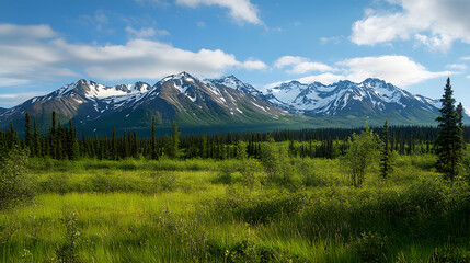Fototapeta premium Beautiful green meadow, with a forest and mountains in the background 