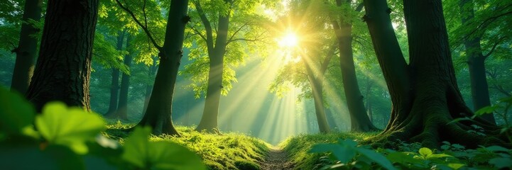 Obraz premium Dense forest canopy with sunlight filtering through leaves, foliage, trees, leafy