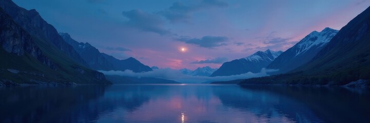 Fjord at dusk with the moon rising above the mountains, peaceful, landscape