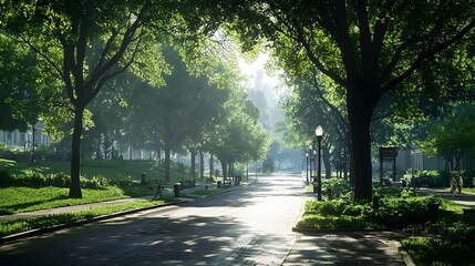 Fototapeta premium Sunlit Park Path: Lush Green Trees and Morning Light