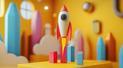 Toy Rocket Launching in Colorful Room, A toy rocket launching from red cylindrical platforms in a colorful room