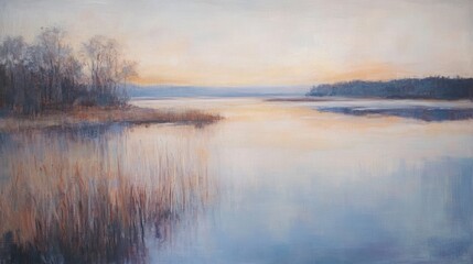 Fototapeta premium Serene Lakeside Sunrise Painting