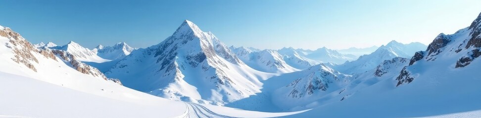 Obraz premium Frosty peaks rise high amidst snow-covered slopes, Ski tracks, calm