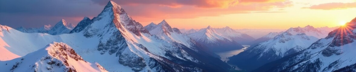 Frozen mountain peaks with snow-covered ridges and valleys at golden hour sunset, sunlit mountains, serene snowy mountains